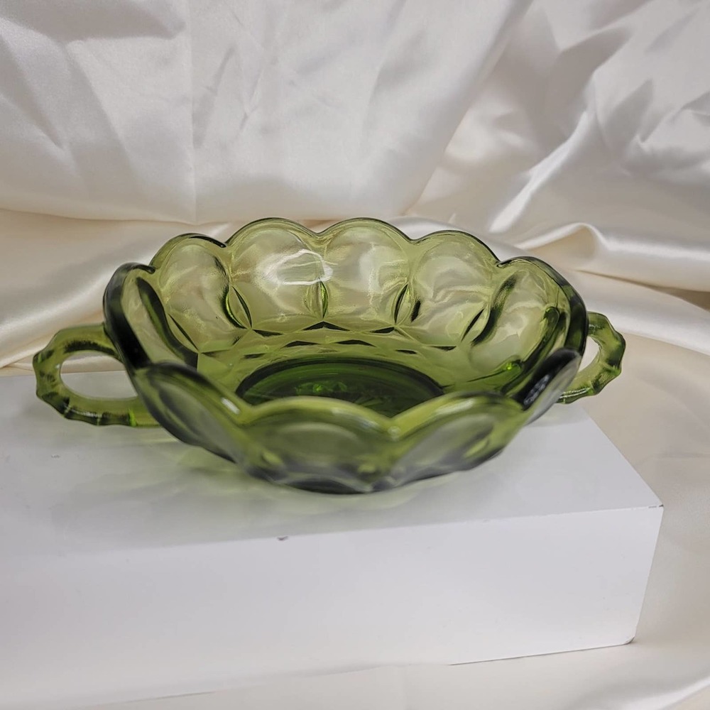 Green glass scalloped serving dish